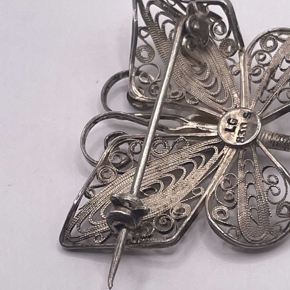 Antique? Art Nouveau 830 Silver Butterfly Brooch Pin Filigree Signed LG AL5.6 - Picture 5 of 8